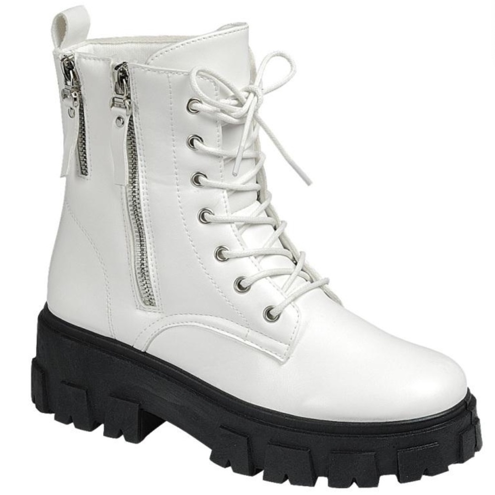 Women's White Lace-Up Combat Boots with Dual Zippers